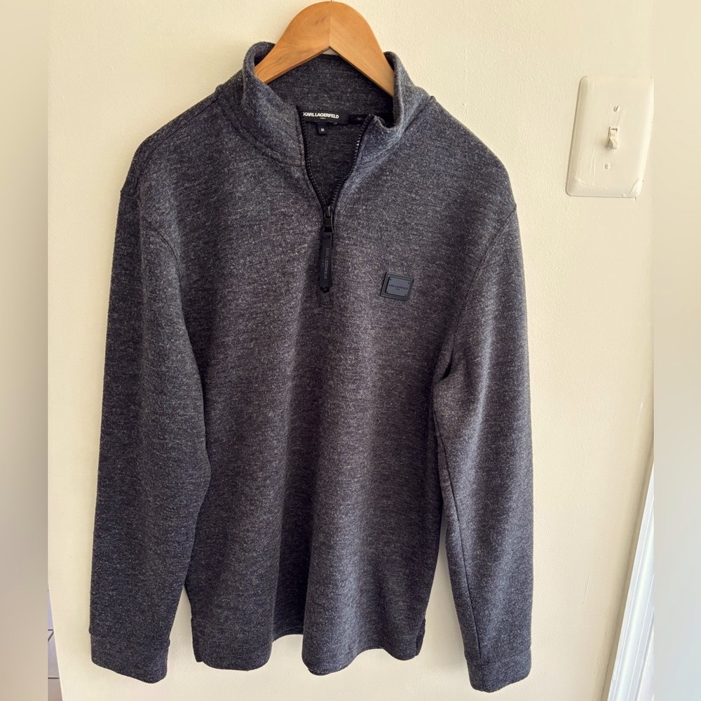 Men's Gray Pullover Karl Lagerfeld Crew Neck Long Sleeve Shirt - quarter zip up